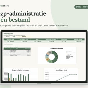 Può includere: Uno schermo di computer portatile che mostra una dashboard finanziaria intitolata SagewiseSheets con il testo Je zzp-administratie in één bestand. L'interfaccia include tabelle per entrate, uscite e IVA, oltre a un grafico a torta e grafici a barre.