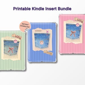 May include: Three Kindle inserts with a denim pocket design, each with a different background color: green, blue, and pink. The text "Printable Kindle Insert Bundle" is at the top, and "Instant Download" is on a sticker.