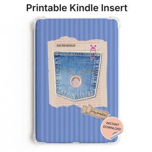 Inserto azul para Kindle para funda transparente, En mi época de lectora, Bolsillo de mezclilla a rayas azules, Accesorios imprimibles para Kindle con temática literaria, Descarga digital