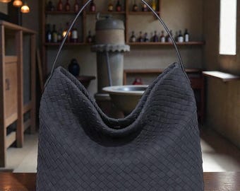 Woven Leather Shoulder Bag, Black Hobo Bag, Intrecciato Style Purse, Slouchy Handmade  Tote, Minimalist Bag for Women