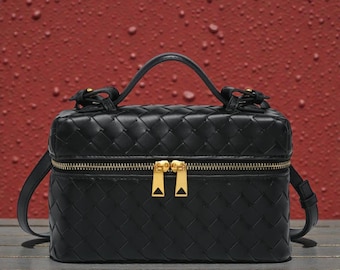 Women’s Woven Leather Shoulder Bag, Handmade Weaved Leather Handbag with Top Handle, Stylish Everyday Purse