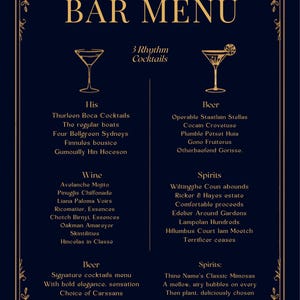 Dark Wedding Bar Menu Sign | Navy Gold Signature Drinks Canva | Moody Printable Template
