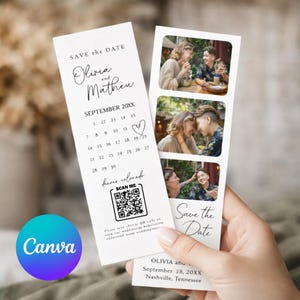 May include: Two white Save the Date cards with black text and photos. The cards have the names "Olivia and Mathew" and a calendar for September 20XX. One card has a QR code and the words "denver.colorado". The other card has photos and the words "Save the Date".