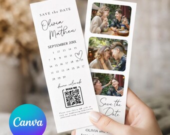 Photo Strip Save the Date | QR Code Wedding Canva Template | Minimalist Printable Card