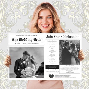 May include: A wedding announcement designed to look like a newspaper front page. The headline reads "The Wedding Bells" with the names "Emma & William" featured prominently. The announcement includes a timeline and a black and white photo of the couple.