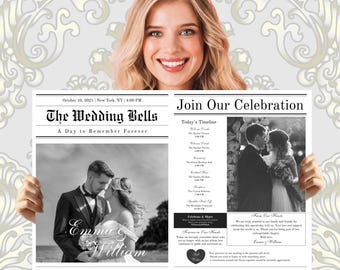 Wedding Newspaper Template with Photo, Wedding Program Newspaper, Folded Wedding Program, Infographic Wedding,Editable wedding newspaper.