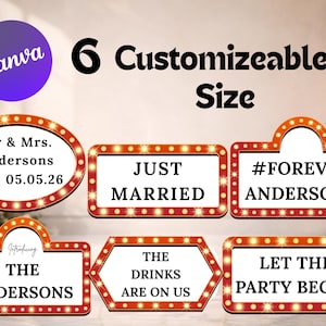 以下が含まれることがあります： 「Just Married」、「#Forever Andersons」、「Let the Party Begin!」などのテキストが入った、カスタマイズ可能なフォトブースの小道具6点。各小道具は、小さなライトが付いた赤い縁取りがされています。Canvaのロゴが左上にあります。