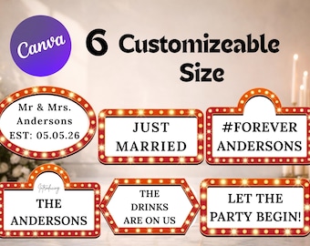 Wedding Marquee Sign Template Canva, Hollywood Sign Wedding, Light Up Sign Reception, Editable Wedding Sign, Just Married Sign, 6 Designs