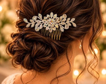 Gold Crystal Rhinestone Bridal Hair Comb, Wedding Hairpiece for Brides