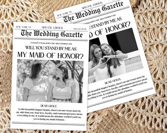 Bridesmaid Proposal Newspaper Card, Maid of Honor Newspaper Template Canva, Will You Be My Bridesmaid Card, Wedding Gazette Photo Card