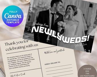 Wedding Thank You Card Template Canva, Photo Thank You Postcard, Newlywed Thank You Card, Retro Wedding Postcard, Wedding Thank You Note