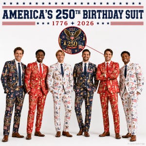 May include: Six suits featuring a patriotic print with eagles, American flags, and the text America's 250th Birthday Suit 1776-2026. The suits come in navy blue, red, and white colorways, each paired with a solid-colored necktie and brown dress shoes.