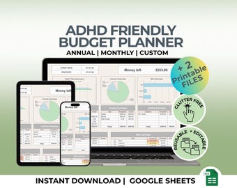 ADHD Annual Budget Planner Google Sheets  12 Monthly Budget Sheets | Printable Finance Planner | Bill & Expense Tracker