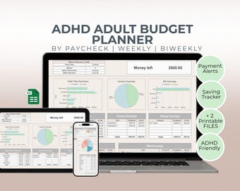 Planificateur budgétaire TDAH par chèque de paie Google Sheets Budget + versions imprimables, budget hebdomadaire du chèque de paie, journal des revenus et des dépenses, outil de suivi des économies