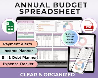 May include: An annual budget spreadsheet displayed on a laptop, tablet, and phone. The spreadsheet includes sections for payment alerts, income planning, bill and debt planning, and expense tracking. The image also includes the text "CLEAR & ORGANISED" and "INSTANT DOWNLOAD".