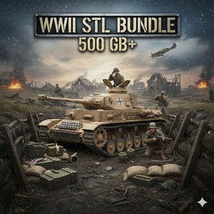 May include: Digital artwork of a WWII STL bundle. The image features a tan tank, soldiers, and a fighter plane in a war scene. The text "WWII STL BUNDLE" and "500 GB+" are displayed at the top.