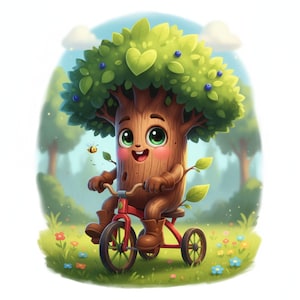 Peut inclure: Illustration fantaisiste d'un personnage d'arbre faisant du tricycle rouge dans une prairie vibrante. L'arbre a une tête verte feuillue avec des myrtilles, des joues roses et de grands yeux expressifs. Une abeille amicale bourdonne à proximité.