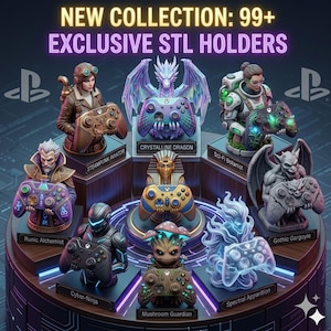 Peut inclure: Image promotionnelle d'une nouvelle collection de supports STL exclusifs. L'image présente diverses sculptures détaillées, chacune tenant une manette de jeu. Les sculptures incluent un aviateur steampunk, un dragon cristallin, un botaniste de science-fiction, un alchimiste runique, un cyber-ninja, un gardien champignon, une apparition spectrale et une gargouille gothique.