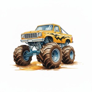 May include: Watercolor illustration of a yellow monster truck with oversized brown tires and blue suspension. The truck has a black lightning bolt design on the side and a roll bar.
