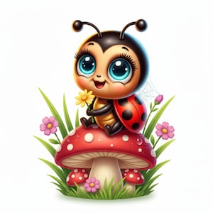 May include: A cartoon illustration of a cute ladybug with large blue eyes, sitting on a red mushroom with white spots. The ladybug is holding a yellow flower, surrounded by green grass and pink flowers.