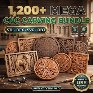 Könnte beinhalten: Eine digitale Sammlung mit dem Titel 1,200+ MEGA CNC CARVING BUNDLE mit STL-, DFX-, SVG- und OBJ-Dateien. Das Bild zeigt verschiedene Holzschnitzereien, darunter florale Mandalas und einen Wolf im Wald, sowie einen Meißel und Fräser.