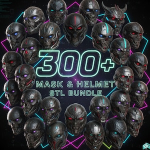 Op de afbeelding: Een verzameling futuristische schedelmaskers en helmen in verschillende ontwerpen. De afbeelding toont een neon groen "300+" met de tekst "MASK & HELMET STL BUNDLE". De maskers zijn voornamelijk donkergrijs met rode, blauwe en paarse accenten.