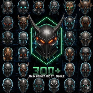 May include: A selection of futuristic mask and helmet designs in metallic shades like silver, bronze, and black. The central image is a detailed black helmet with glowing orange eyes, framed by a green hexagon. Text reads "300+ MASK HELMET AND STL BUNDLE."