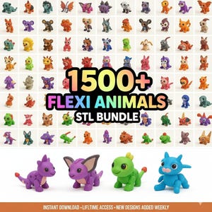 以下が含まれることがあります： さまざまなデザインの、カラフルな関節式Flexi Animalsのコレクション。画像には、小さな動物のフィギュアのグリッドがあり、下部に大きな例があります。テキストは「1500+ FLEXI ANIMALS STL BUNDLE」と表示されています。