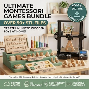 Puede incluir: Un paquete digital de más de 50 archivos STL para imprimir en 3D juguetes Montessori de madera, que incluye una tabla de caligrafía del alfabeto, un ábaco colorido, formas geométricas, figuras de animales y rompecabezas.