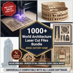 Puede incluir: Imagen promocional que muestra un paquete de archivos de corte láser para arquitectura mundial. La imagen incluye una cortadora láser en acción, modelos del Coliseo y la Torre Eiffel, y una ilustración de un rascacielos. Texto: "1000+ World Architecture Laser Cut Files Bundle".