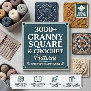 Könnte beinhalten: Ein digitales Paket mit über 3000 Granny-Square- und Häkelmustern, bestehend aus einem zentralen Schild mit Text, umgeben von verschiedenen Garnknäueln, Häkelnadeln in einem Etui und mehreren fertigen Häkelquadraten in Blau, Gold und Creme.