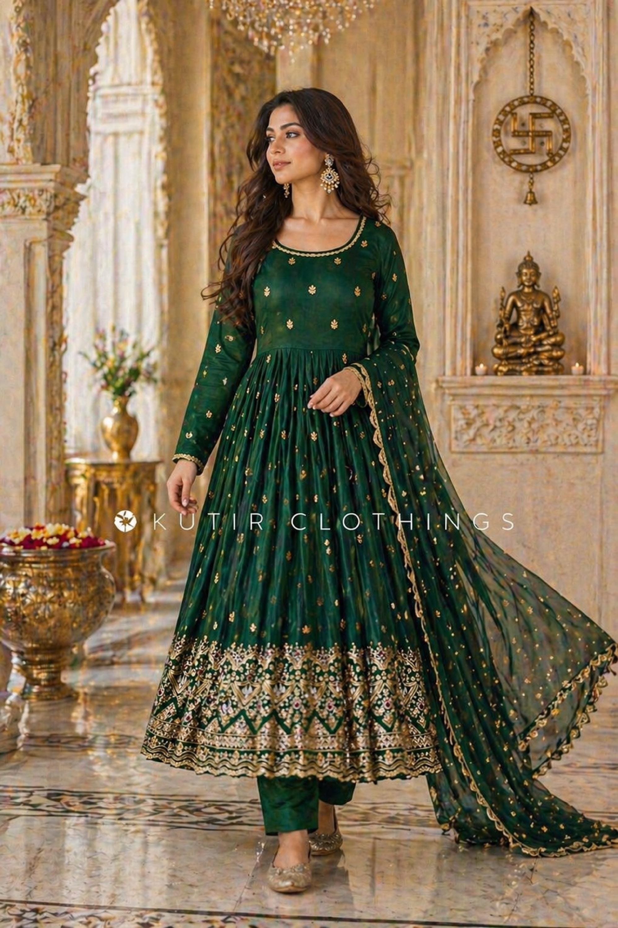 Emerald Green Anarkali Gown Set for Women