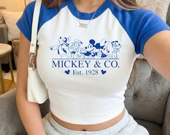 Disney Mickey & Co 1928 Bella Canvas Raglan Baby Tee, Fitted Cartoon Shirt, Vintage Disneyland Mickey Friends, Disney Trip Outfit