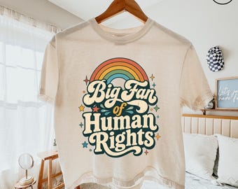 Big Fan Human Rights Comfort Colors Boxy Shirt, Retro Rainbow Equality Tee, Liberal Activist Apparel