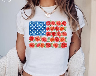 Floral American Flag Baby Tee, Patriotic Flower T-Shirt, 4th of July Floral Tee, Women's Independence Day Gift, 90's Style Y2K USA Flag Top