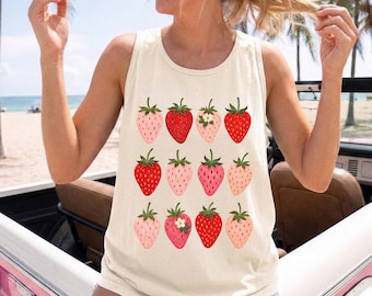 Strawberry Comfort Colors Tank Top, Cottagecore Summer Berries Tee, Womens Strawberry Shirt