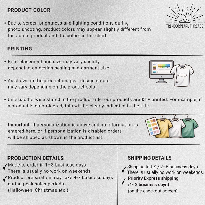 Puede incluir: Gr&aacute;fico informativo de Trendorpearl Threads que detalla el color del producto, la impresi&oacute;n y los detalles de producci&oacute;n. Incluye una pantalla de ordenador con un dise&ntilde;o de camiseta y tres camisetas en perchas. Tambi&eacute;n incluye detalles de env&iacute;o.