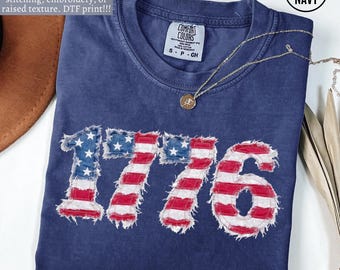 Comfort Colors Distressed FAUX Patchwork 1776 USA Flag Shirt, Vintage Patriotic Graphic Tee, Independence Day Shirt, 4th of July Tee