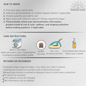 May include: A white graphic with instructions for ordering, care, and returns. The care instructions include a washing machine, a "do not dry clean" symbol, an iron, and a bleach bottle. The text includes "TRENDORPEARL THREADS".