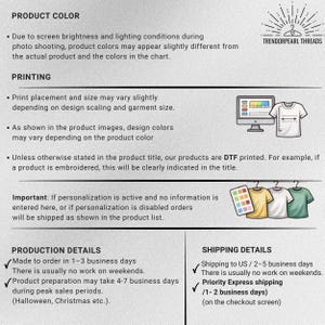 May include: Informational graphic from Trendorpearl Threads detailing product color, printing, and production details. Includes a computer screen with a t-shirt design, and three t-shirts on hangers. Also includes shipping details.