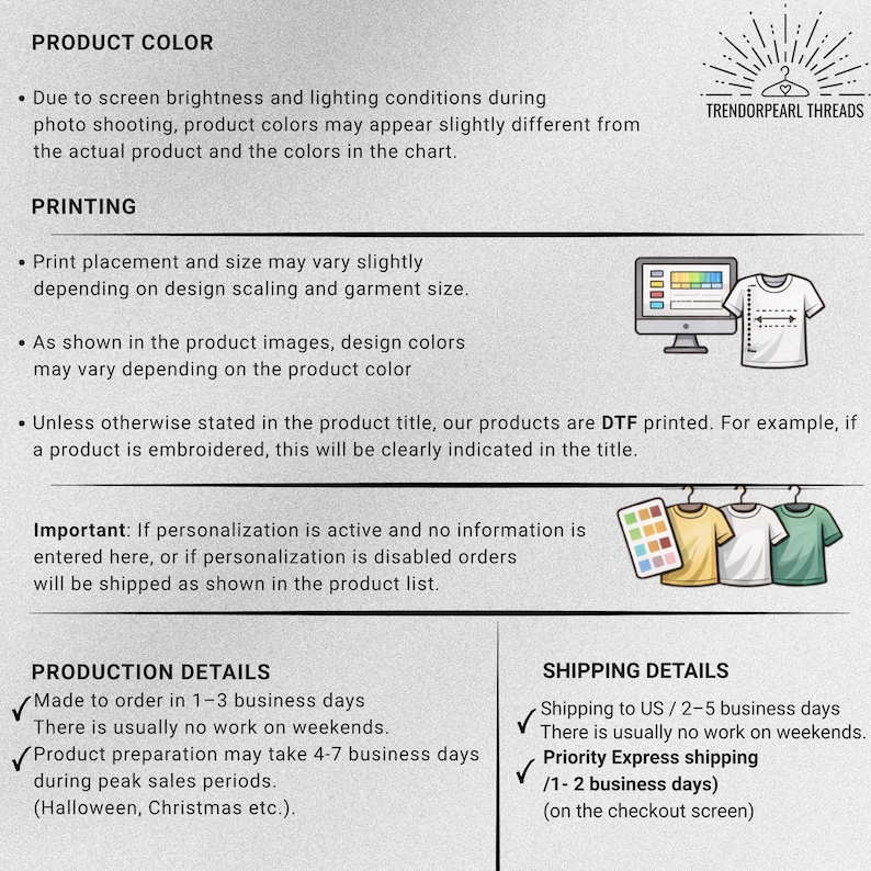 May include: Informational graphic from Trendorpearl Threads detailing product color, printing, and production details. Includes a computer screen with a t-shirt design, and three t-shirts on hangers. Also includes shipping details.