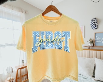 First Grade Comfort Colors® Women Boxy Shirt, 1st Grade Back to School Tee, First Day of School T-Shirt, Polka Dot Cottagecore Teacher Team