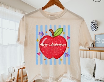 Custom Preppy Striped Teacher Name Apple Comfort Colors Boxy Shirt, Teacher Gift Apple, First Second Third Fourth Fifth Grade Level Tee