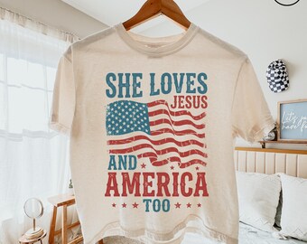 She Loves Jesus And America Too Comfort Colors Boxy Tee, 4th Of July T-Shirt, Independence Day Tee, Patriotic Christian Gifts