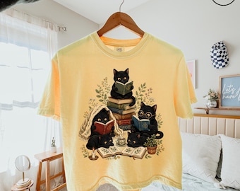 Black Cats Reading Books Comfort Colors Boxy Shirt, Cozy Book Lover Tee,Cozy Reader Gift For Her, Librarian Teacher Bookish Gift