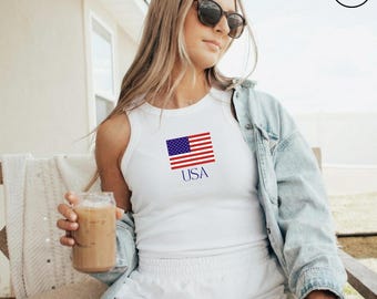 USA Flag Tank Top, 4th of July Summer Racer Tank, Usa America Shirt, Patriotic Women’s Basic Crop Top, July 4th Outfit