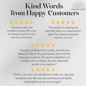 May include: A customer review graphic titled Kind Words from Happy Customers with the Trendorpearl Threads logo. It displays four five-star ratings and testimonials praising product quality, vibrant colors, fast shipping, and professional service.
