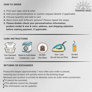 May include: Informational graphic with instructions for ordering, care, and returns. Includes steps for ordering, care instructions with symbols for washing, drying, ironing, and bleaching, and details on returns and exchanges.