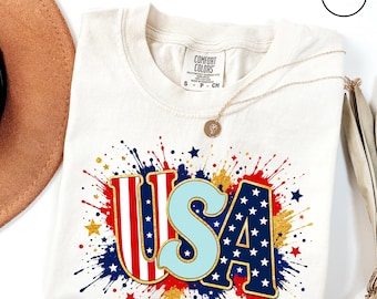 Comfort Colors Bright Splash USA Shirt, Patriotic Women T-shirt, 4th of July Patriotism Gift, Fourth of July Tee