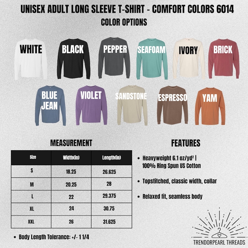 Puede incluir: Exhibici&oacute;n de camisetas de manga larga unisex para adultos en varios colores, incluyendo blanco, negro y azul vaquero. La imagen incluye una tabla de tallas con medidas en pulgadas y caracter&iacute;sticas como tejido pesado y ajuste relajado.